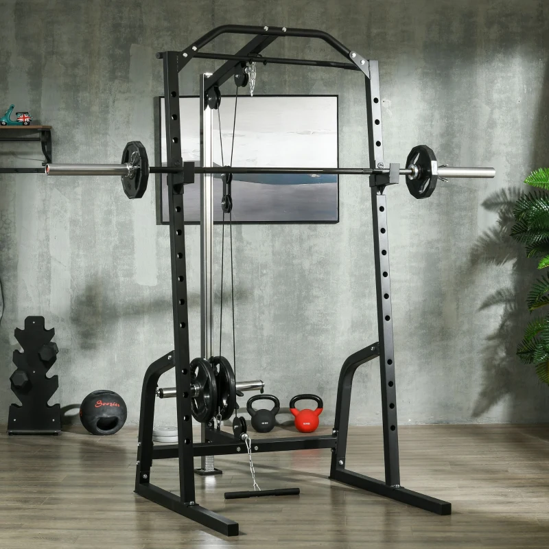 Soozier Power Cage Power Rack with 15-Level Squat Rack, Cable Pulley System, Pull up Stand and Push up Stand