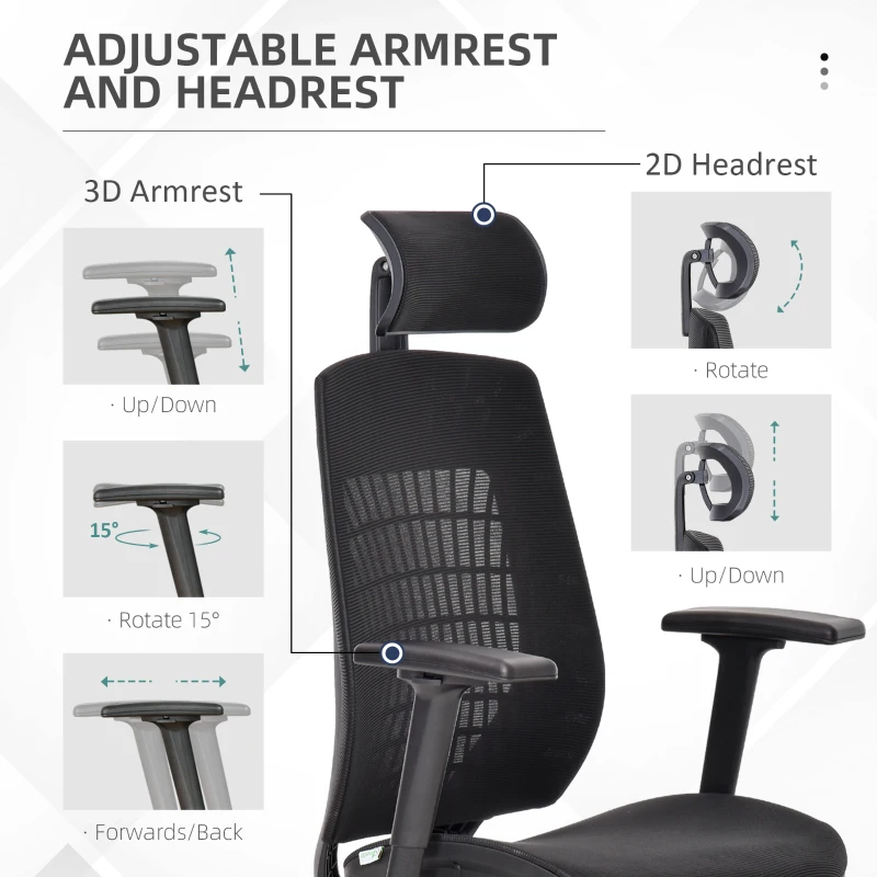 Vinsetto Ergonomic Mesh Office Chair, Reclining High Back Desk Chair with Adjustable Headrest & Armrests, Wheels, Swivel Computer Task and Gaming Chair, Black