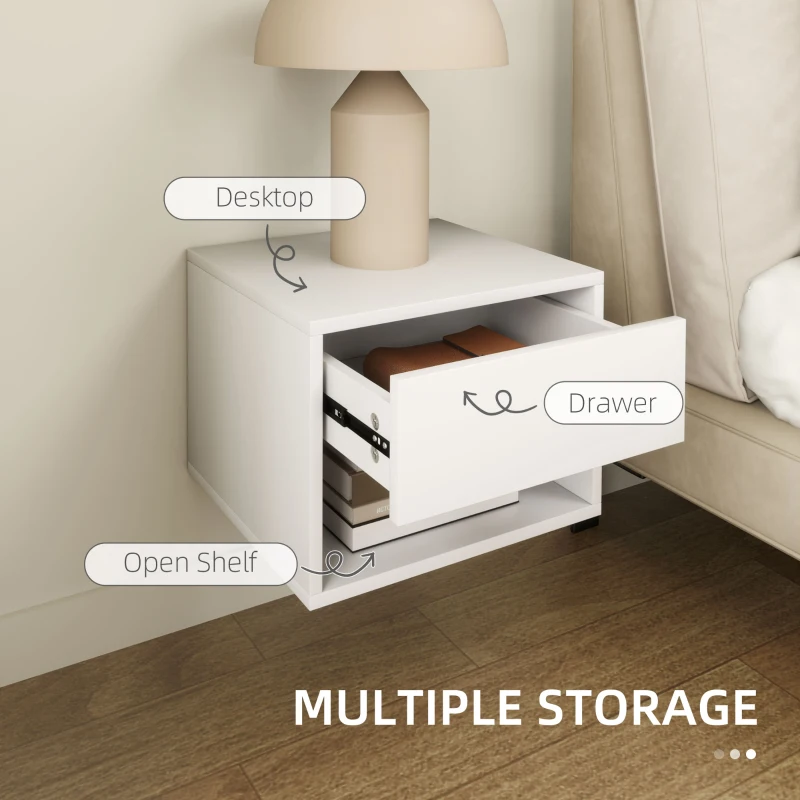 HOMCOM Floating Nightstand Set of 2, Wall Mounted Bedside Table with Drawer for Bedroom, White