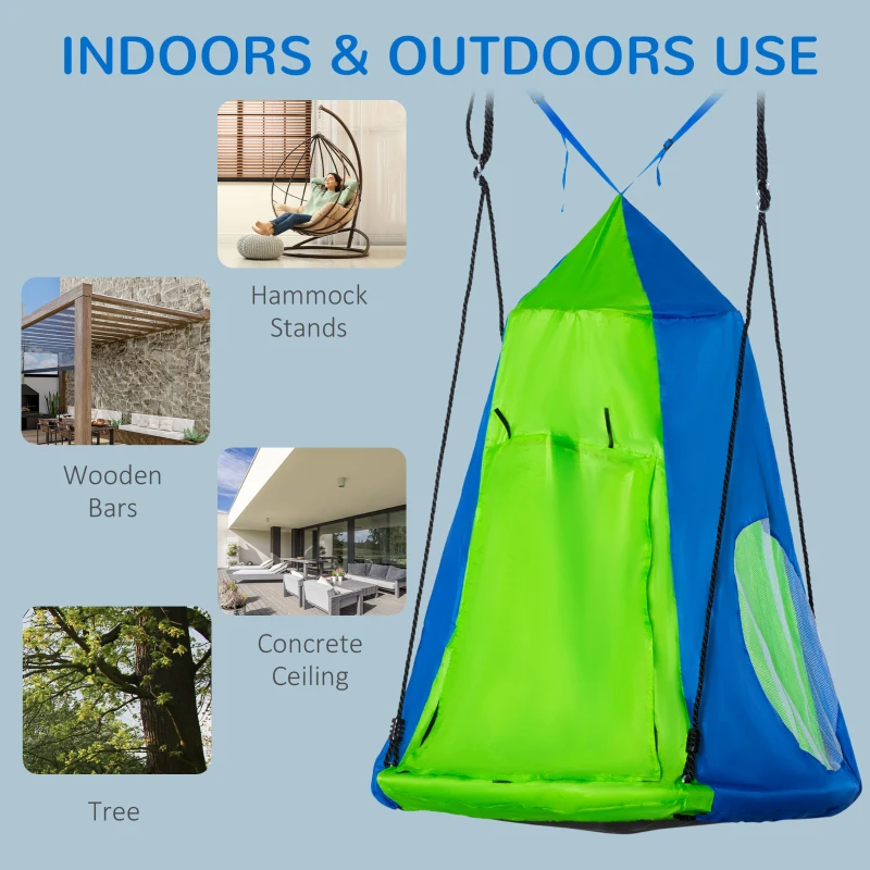 Outsunny Kids Hanging Tree Swing Tent for Backyard, Waterproof Hammock Chair Nest Pod, Saucer Swing with Screen Window, Rolling Door, for Indoor & Outdoor Use, Green