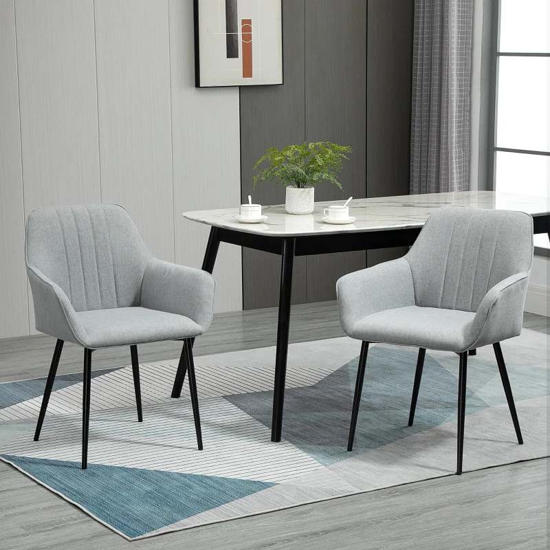 HOMCOM Dining Chairs Set of 2, Upholstered Linen Fabric Accent Chairs with Metal Legs, Light Grey