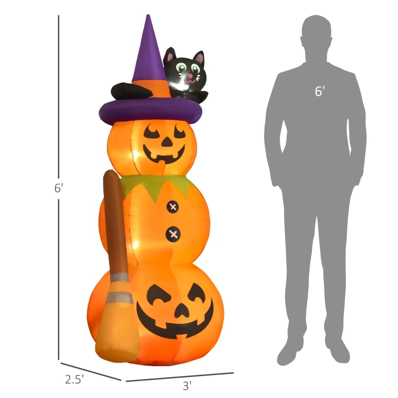 Outsunny 6' Cute Halloween Decoration Inflatable Pumpkin Man with Black Cat and Broom, Blow-Up LED Yard Display Indoor Outdoor for Garden, Lawn, Party, Holiday