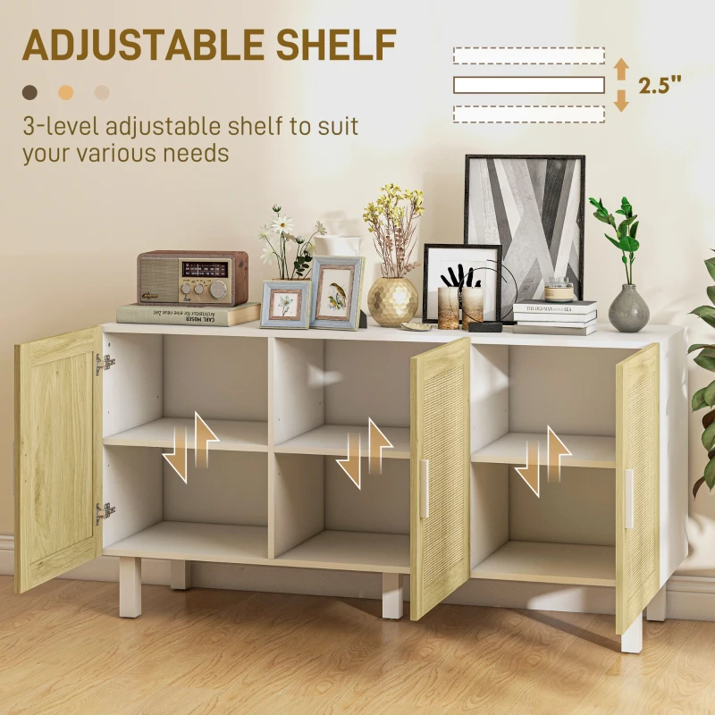 HOMCOM Boho Kitchen Cabinet, Buffet Cabinet with 3 Rattan Doors and Adjustable Shelves for Dining Room, White and Natural