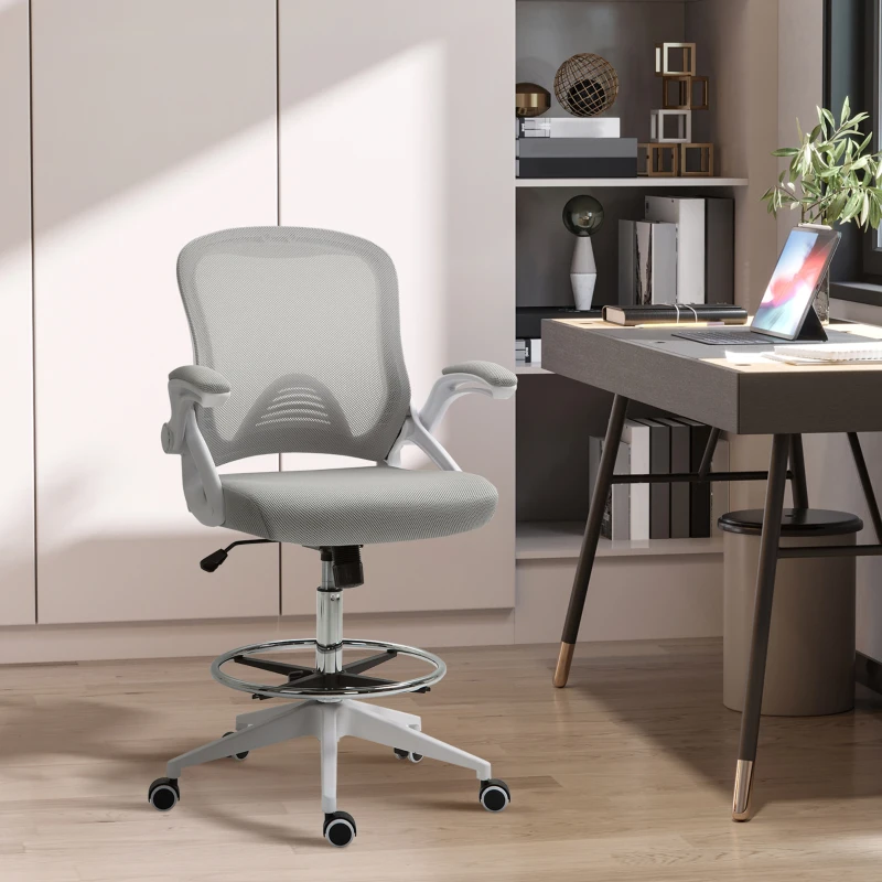Vinsetto Height-Adjustable Tall Office Chair, Drafting Chair with Flip-Up Armrest, Footrest Ring, Swivel Wheels, Light Grey