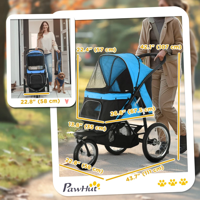 PawHut 3 Big Wheels Pet Stroller for Small, Medium Dogs, Cat Stroller Travel Folding Carrier with Adjustable Canopy, Blue