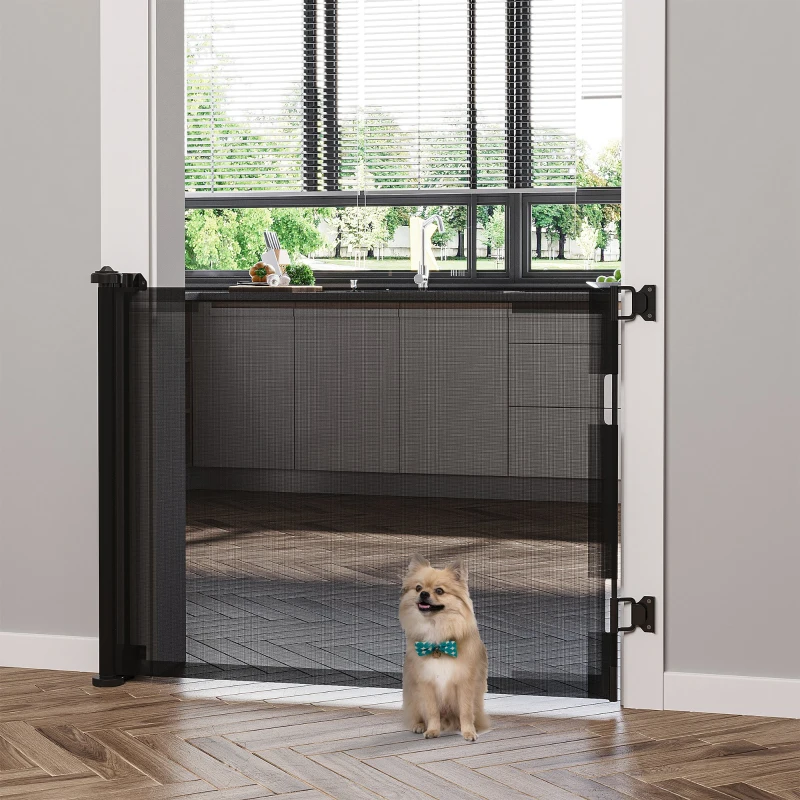 PawHut Retractable Pet Gate w/ Single Hand Operation, for Stairs, Doorways, Hallways - Black