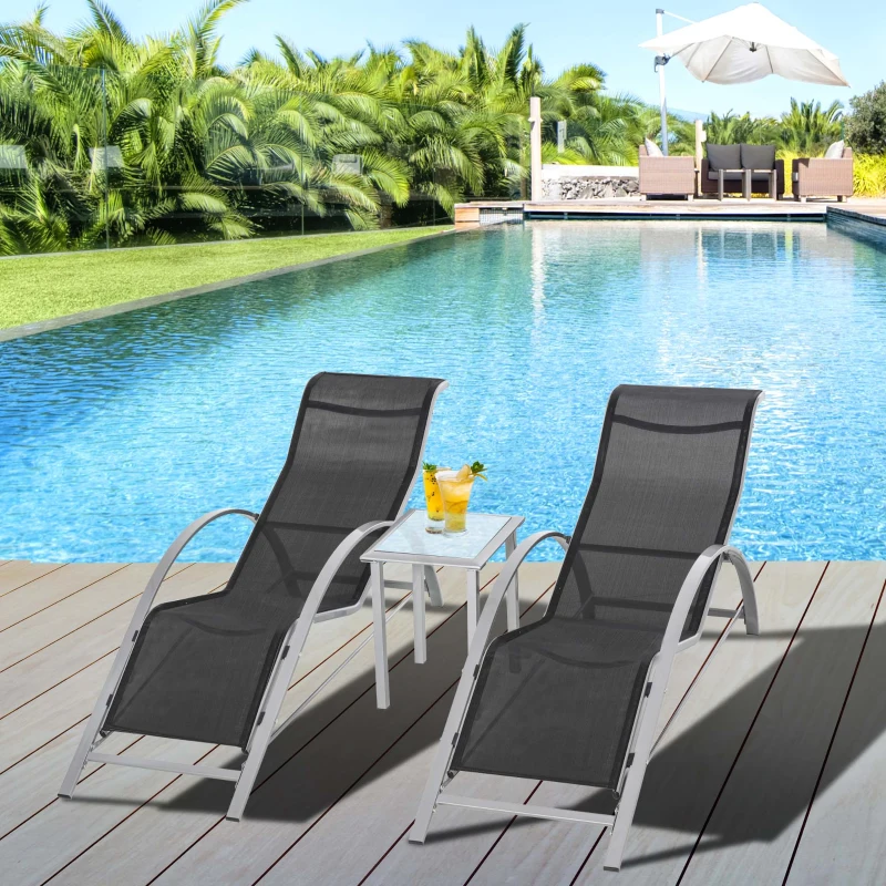 Outsunny 3 Pieces Patio Pool Lounge Chairs Set, Outdoor Chaise lounge with 2 S-Shaped Sunbathing Chairs and a Glass Top Table, for Yard Garden, Black