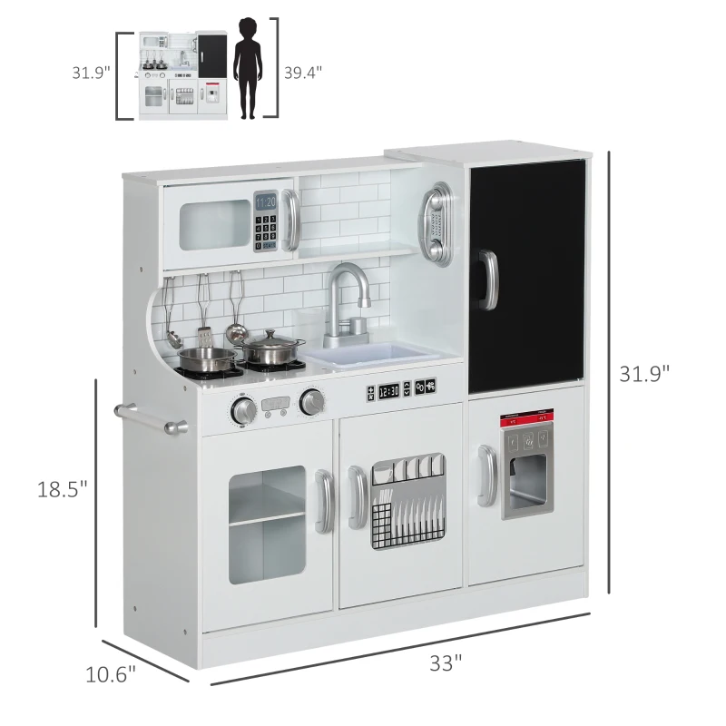 Qaba Pretend Play Kitchen, Kids Kitchen Playset with Play Phone, Chalkboard, Towel Rack & Ice Maker for 3-8 Years White