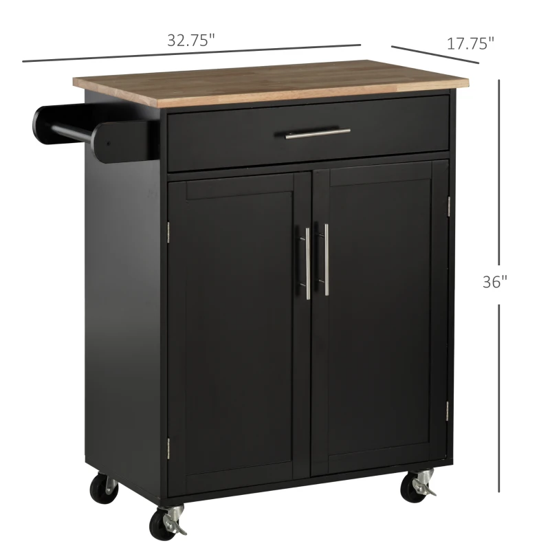 HOMCOM Rolling Kitchen Island Cart with Wood Top, Enough Storage Drawer Space with Towel Bar Rack Shelves, Portable Kitchen Utility Serving Cart Trolley on Wheels, Black