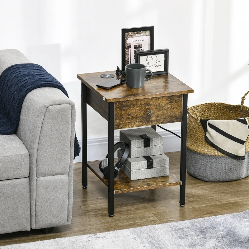 HOMCOM End Table with Wireless Charging Station, 2 USB Ports, Rustic Brown