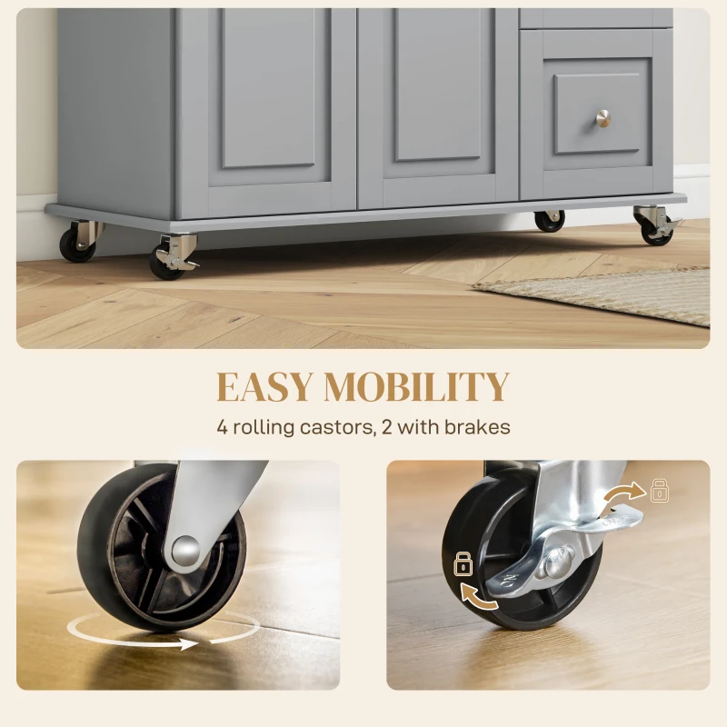 HOMCOM Kitchen Island on Wheels, Kitchen Cart with Drop Leaf, Drawers, Grey
