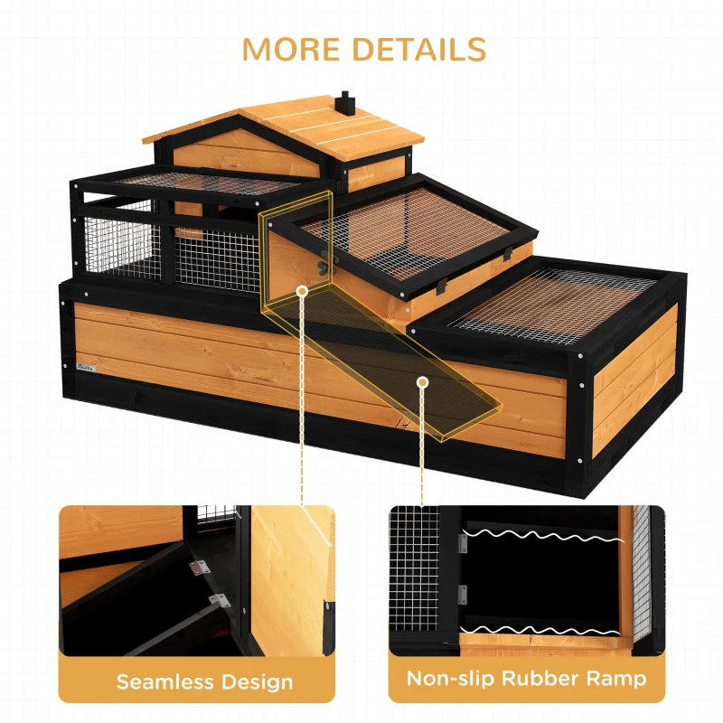 PawHut 3-Room Tortoise House Habitat with Balcony & 2 Stories, Indoor/Outdoor Wooden Tortoise Enclosure with Ladder, Tray, Openable Roof, Large Reptile Cage, 44" x 25.5" x 23", Yellow