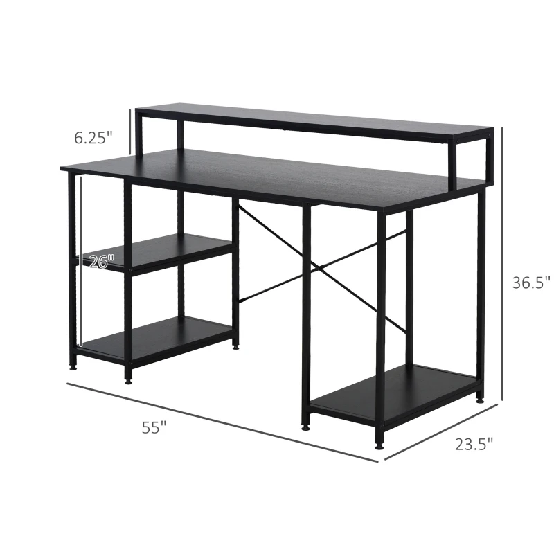 HOMCOM Computer Desk with Shelves and CPU Stand, Home Office Desk Workstation with Adjustable Feet, Black Wood Grain