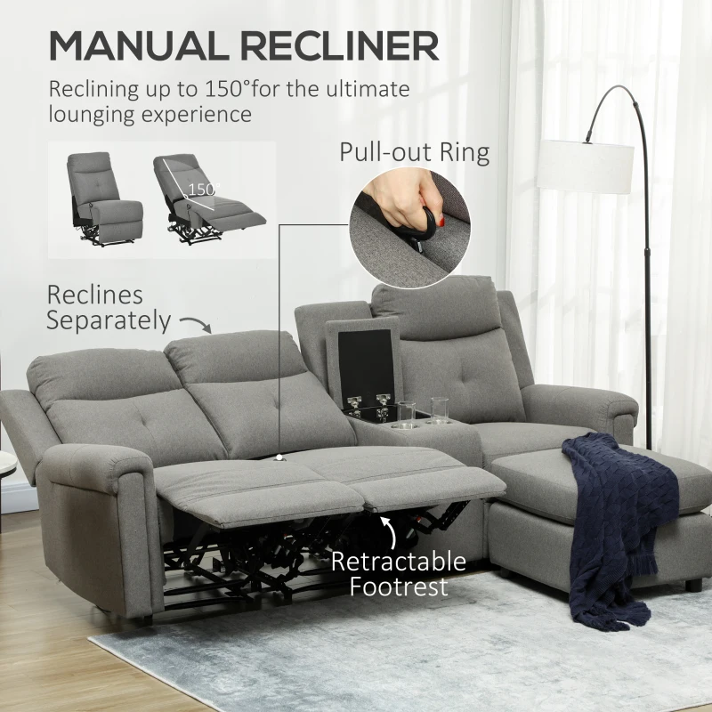 HOMCOM L-Shaped Sofa, Manual Reclining Sectional with Chaise Ottoman, Storage Console, Cup Holders, USB Charging, Gray