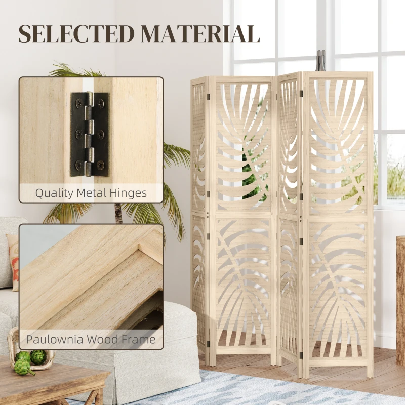 HOMCOM 4 Panel Room Divider, Detachable Folding Privacy Screens with Palm Leaf Design for Home Office, Natural Wood Finish