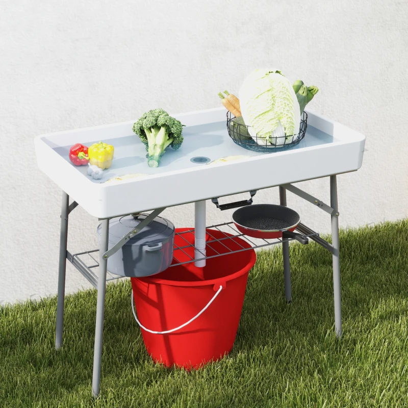 Outsunny 3.4ft Folding Ice Cooler Table with Drain, Outdoor Patio Party Cooler for Drinks, Fishing Cleaning Table with Storage Shelf for Picnic BBQ Camping Wedding, White