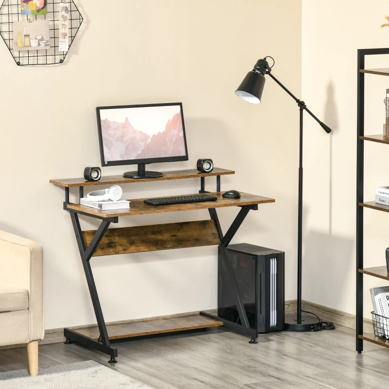 HOMCOM 39" Compact Computer Desk, Industrial Z-Shaped Writing Desk with Monitor Shelf and Storage, Workstation for Home Office