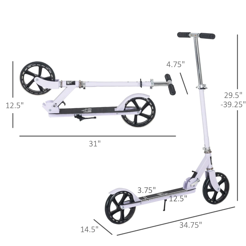 Aosom Kids Foldable Kick Scooter with Adjustable Height, Soft Textured Handles, Wide Deck, Brakes for Ages 7-14, 29.5" H - 39" H, White