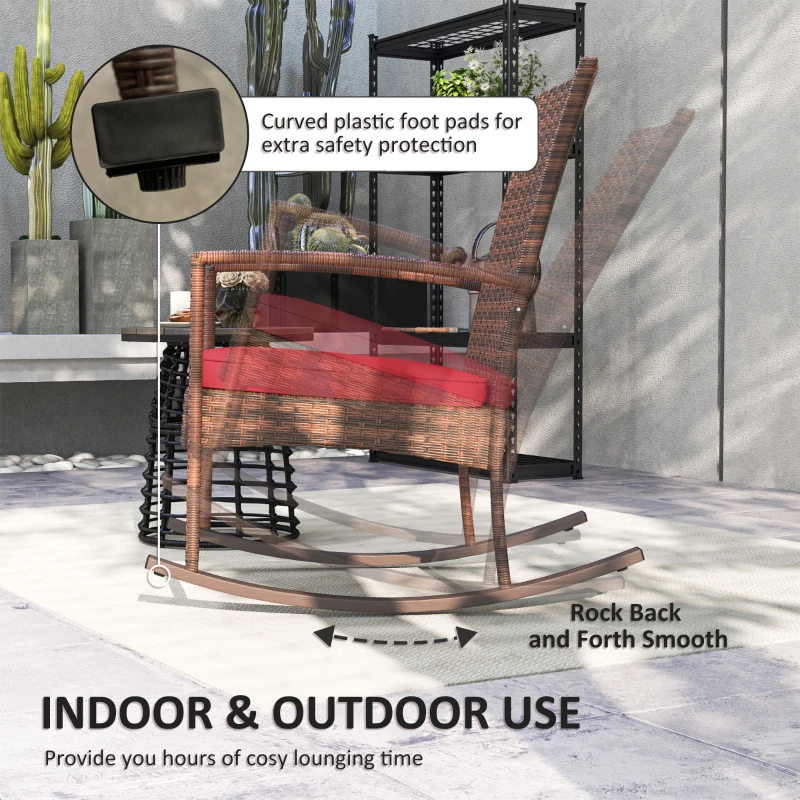 Outsunny Outdoor PE Rattan Rocking Chair, Garden Glider Rocking Chair, Wicker Patio Chair Set with Armrest and Cushion, Wine Red