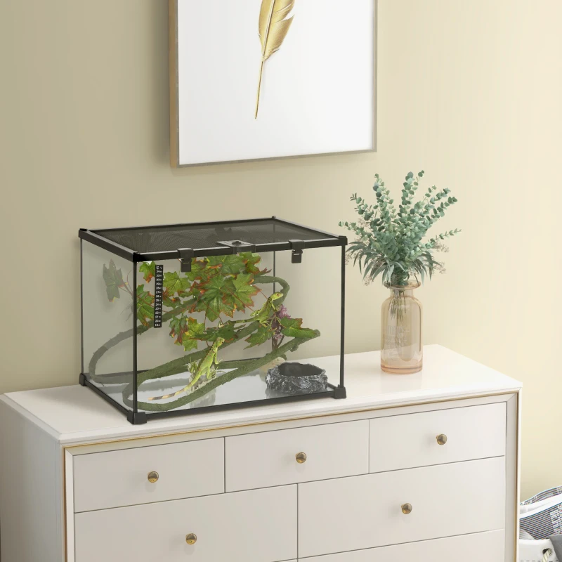 PawHut 14 Gallon Glass Reptile Terrarium Tank, Box Full View with Sliding Screen Top, 20" x 12" x 14", Black