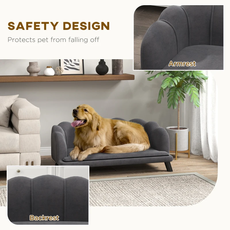 PawHut Pearl Design Pet Sofa for Medium and Large Sized Dogs, Pet Bed with Cushion and Solid Wood Legs, Charcoal Gray