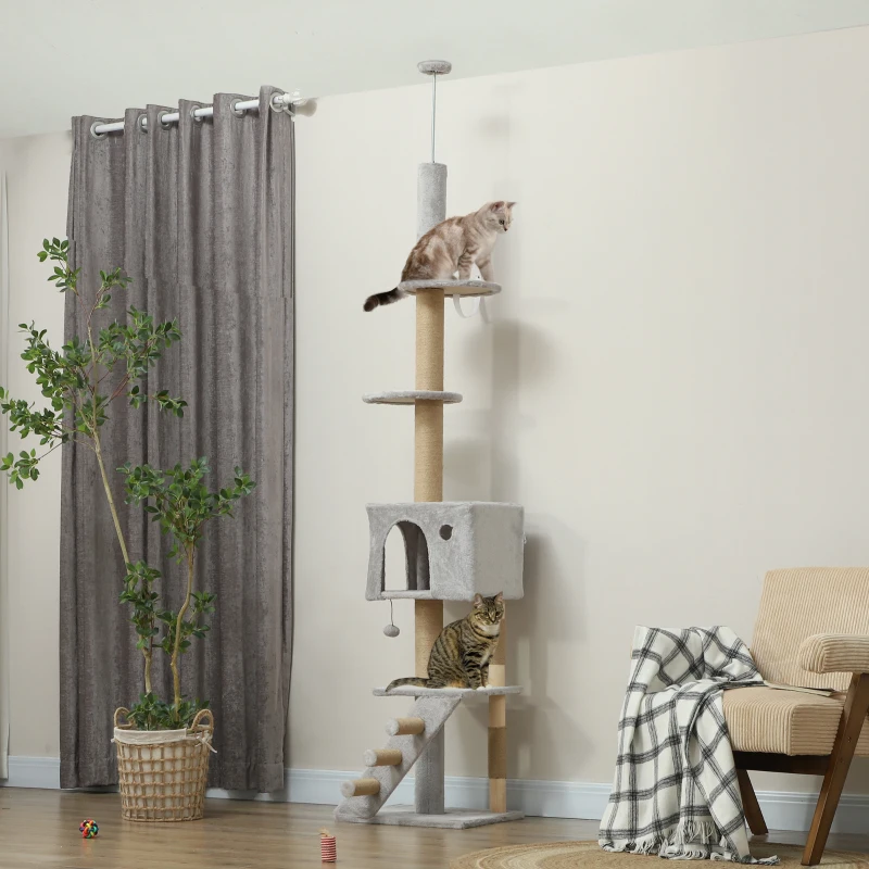 PawHut 89"-100" Floor to Ceiling Cat Tree w/ Scratching Post, Cat House, 3-Steps, Hanging Ball, Perches, Light Grey