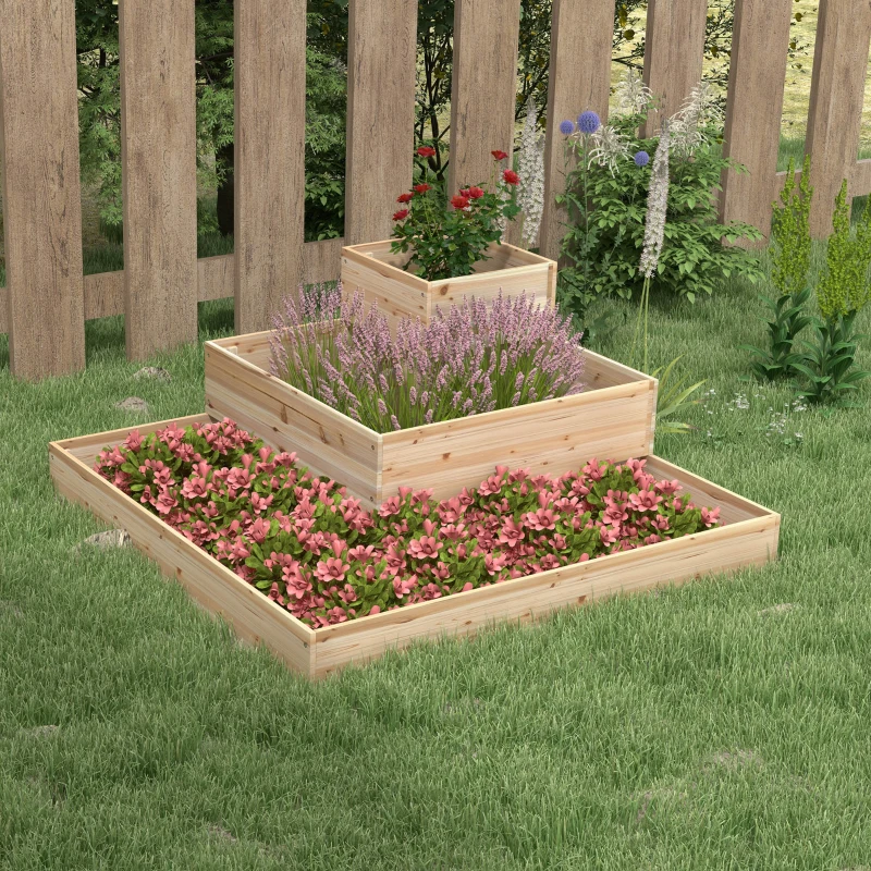 Outsunny Outdoor Elevated Planter Box, 3-Tier Wooden Raised Garden Bed for Vegetables, Flowers and Herbs, 43.3" x 43.3" x 20.1"