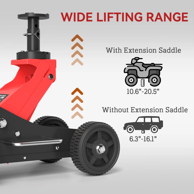 HOMCOM 1.5 Ton Big Wheel Hydraulic Car Jack Heavy Duty Steel Off-Road Jack with Extra Saddle for Trucks, SUVs, ATVs, Red