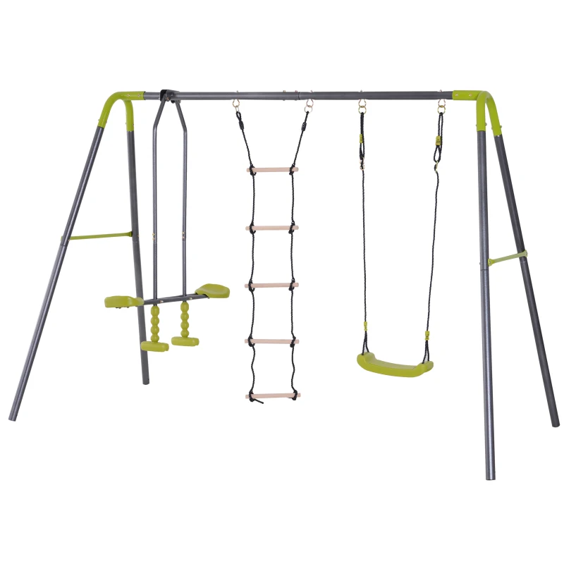 HOMCOM 3 in 1 Kids Metal Swing Set for Backyard with Swing Seat, Glider and Climbing Ladder, Heavy Duty Metal Frame for 4 Children