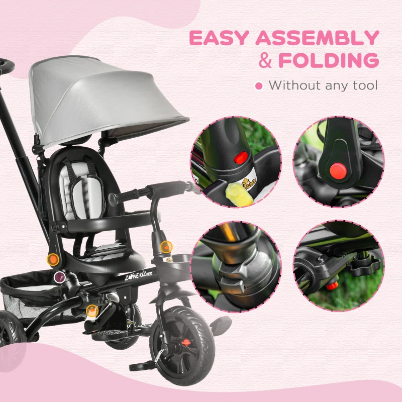 Qaba Kids Tricycle, 4 in 1 Foldable Trike with Reversible Seat, Adjustable Parent Handle, Safety Harness, Wheel Brakes, Removable Canopy, Storage, Tricycle for Toddlers 1-5 Years, Gray