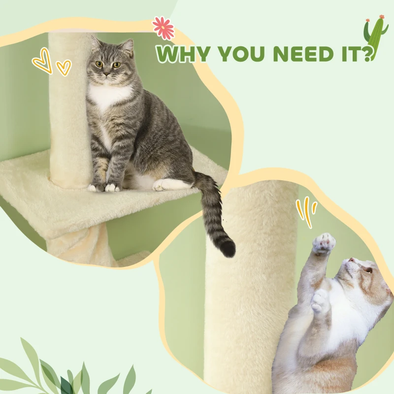 PawHut 89"-108" Floor to Ceiling Cat Tree with Scratching Post, Hand Crank & Anti-tip Kit, Cream White
