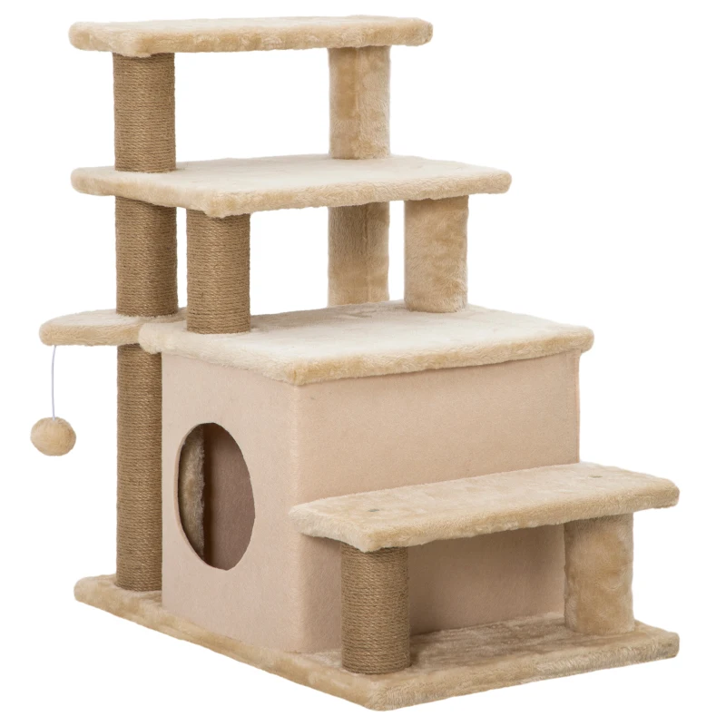 PawHut Cat Stairs Pet Steps for Couch Bed with Scratching Posts Condo Ball Toy, 23.6" x 15.7" x 26", Beige