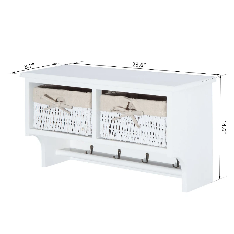 HomCom Rustic Country Floating Storage Shelf With Coat Hooks And 2 Removable Baskets - White