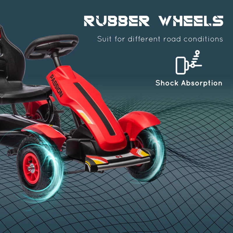 Aosom Kids Pedal Go Kart W/ Adjustable Seat, Rubber Wheels, Red