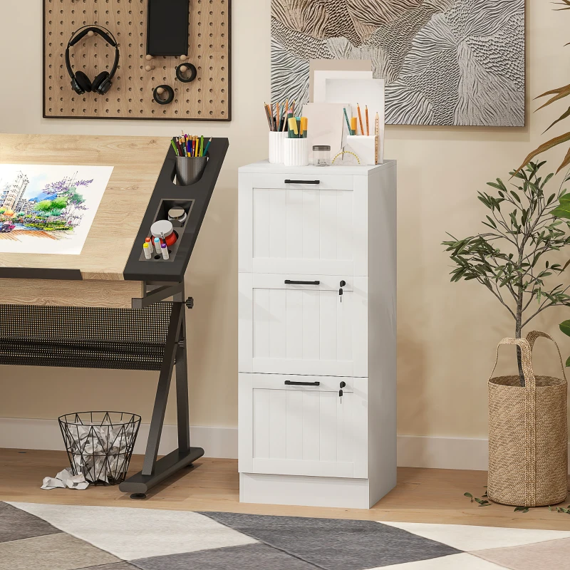 HOMCOM 3 Drawer Filing Cabinet with Lock, Office Storage Cabinet with Adjustable Hanging Bars for A4 Letter Size Files, White