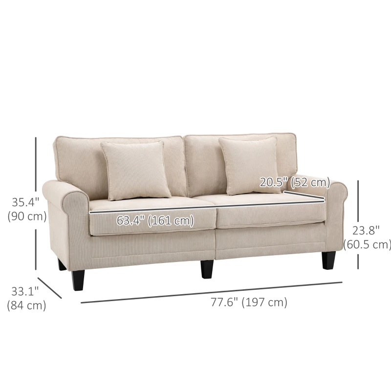 HOMCOM Modern 3 Seater Sofa, Corduroy Fabric 3 Seater Couch with Pine Wood Legs and Rolled Armrests for Living Room, Beige