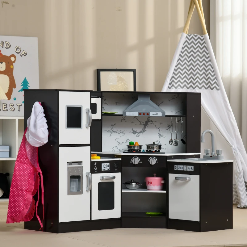 Qaba Play Kitchen Set for Kids w/ Apron and Chef Hat, Ice Maker Brown