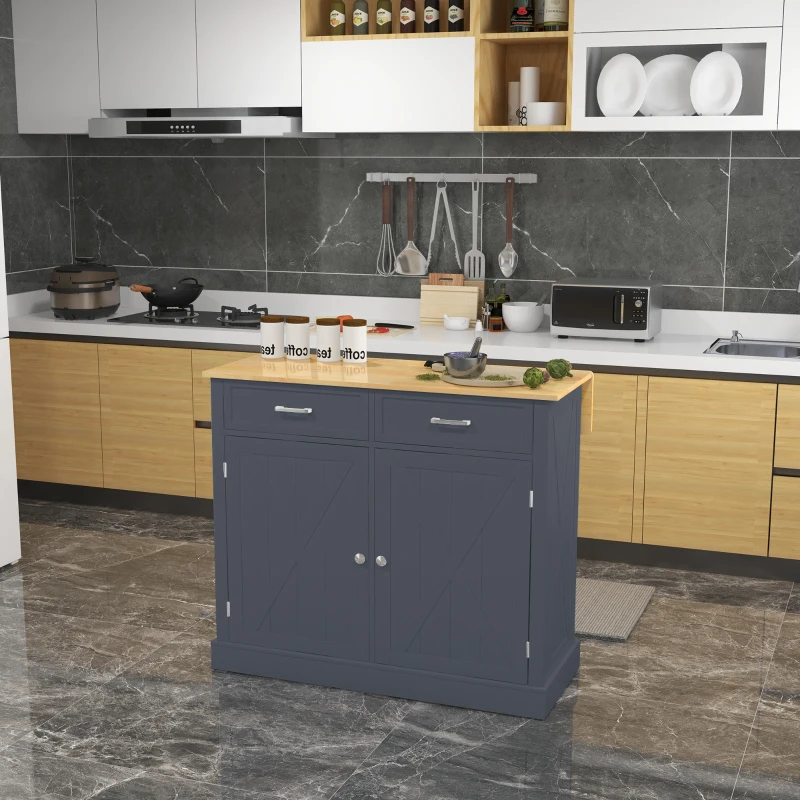 HOMCOM Rolling Kitchen Island with Drop Leaf Wood Breakfast Bar, Farmhouse Kitchen Cart with 2 Drawers, Adjustable Shelves for Dining Room, Dark Gray