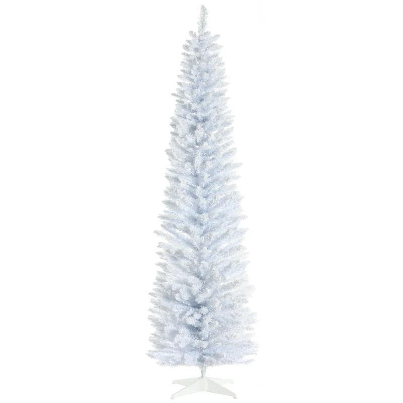 HOMCOM 7' Decorated Christmas Tree Snow Flocked Artificial Christmas Tree with Pencil Shape, Realistic Branches, White