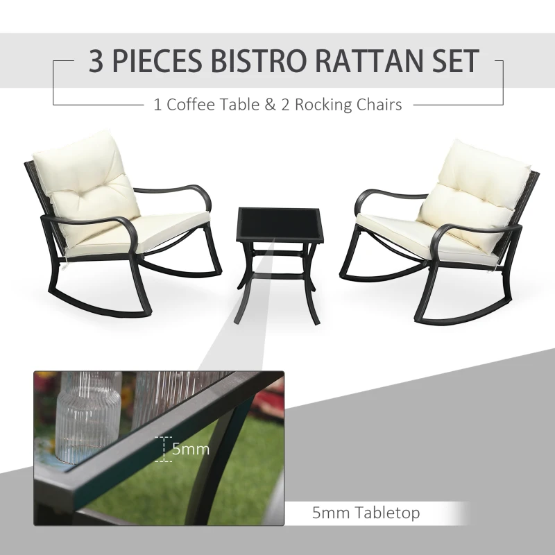 Outsunny 3 Pieces Patio Wicker Rocking Chairs Table Set, Outdoor PE Rattan Furniture with 2 Rockers & 1 Coffee Table w/ Padded Cushions for Deck, Backyard, Garden, Cream White