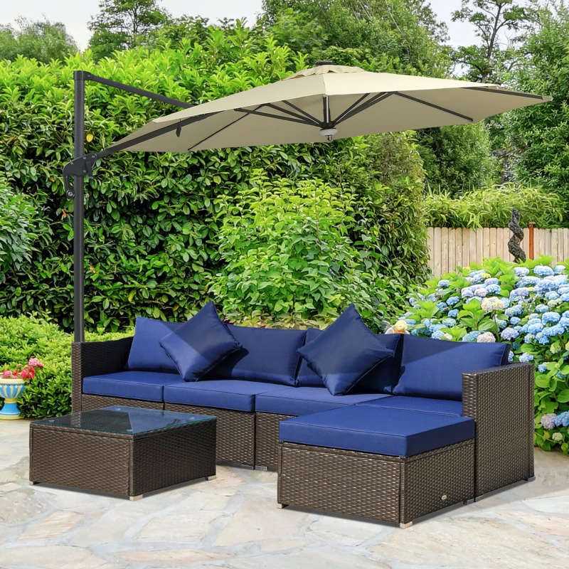 Outsunny 6 Piece Patio Furniture Set Outdoor Wicker Conversation Set All Weather PE Rattan Sectional Sofa Set with Ottoman, Cushions and Tempered Glass Table, Coffee and Blue