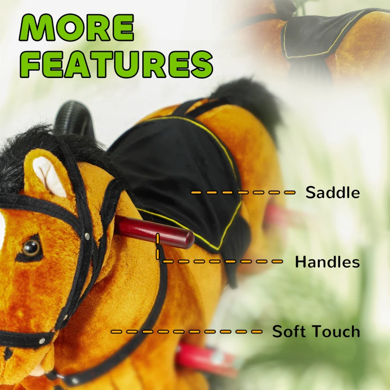 Qaba Spring Rocking Horse, Kids Ride on Horse, Plush Horse Ride-on w/ Sounds & Foot Stirrups for Kids 3-8 Years, Brown