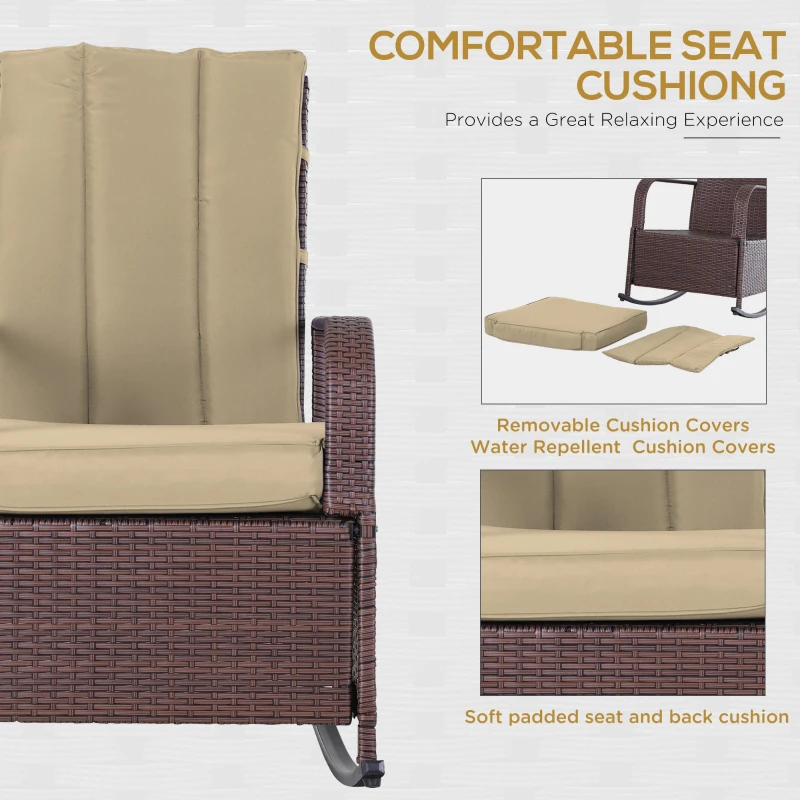 Outsunny Outdoor Wicker Rocking Chair Patio PE Rattan Recliner Chair with Cushion, Adjustable Footrest, Armrests, Khaki