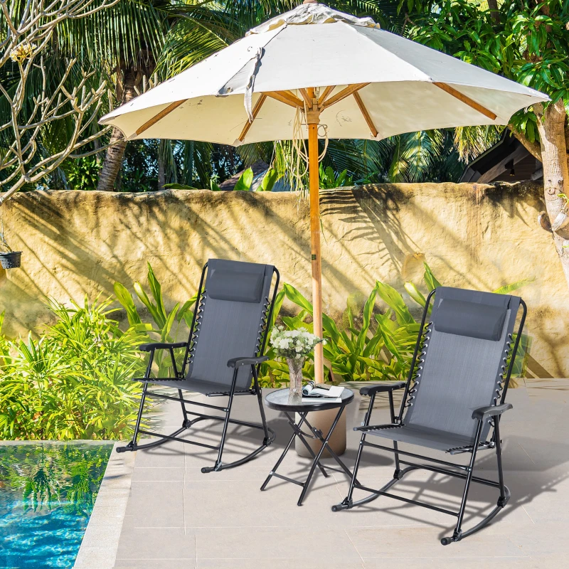 Outsunny 3pc Patio Rocking Chair Set, Folding Outdoor Rocking Chairs and Table Bistro Set w/ Breathable Mesh Seat & Backrest, Headrest for Park, Backyard, Garden, Grey