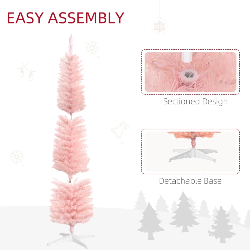 HOMCOM 6' Prelit Christmas Trees, Pencil Artificial Christmas Tree with Colorful Surface Branches, Colorful LED Lights, Pink