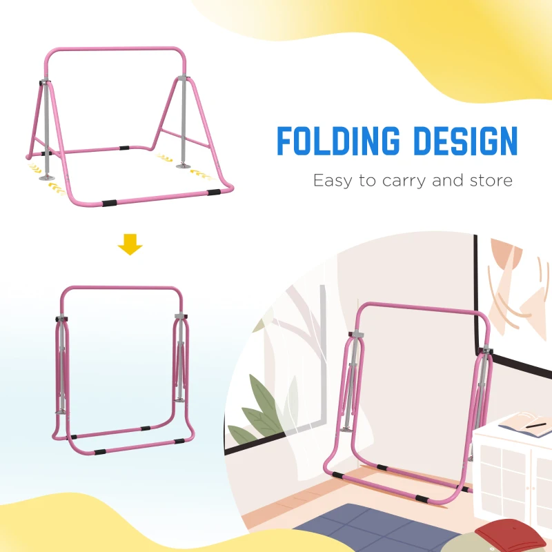 Qaba Foldable Gymnastics Bar for Kids, Expandable Gymnastics Equipment with Adjustable Height for Boys Girls, Pink
