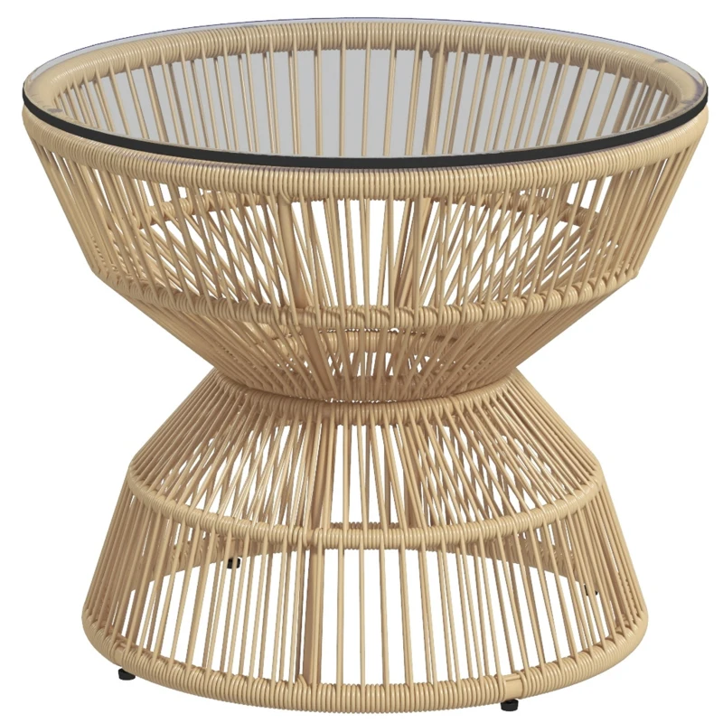 Outsunny Rattan Outdoor Coffee Table, Patio End Table with Tempered Glass Tabletop & Steel Frame, Wicker Furniture, Nature Wood