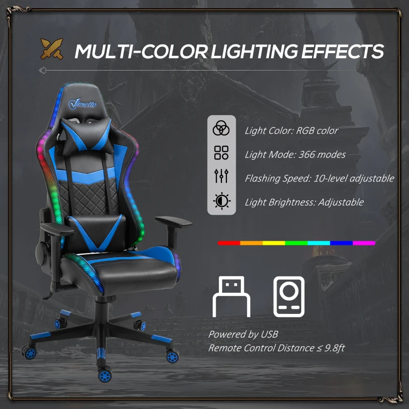 Vinsetto Racing Gaming Chair with RGB LED Lights, Adjustable Height, Gamer Office Chair, Computer Desk Chair, Black/Blue