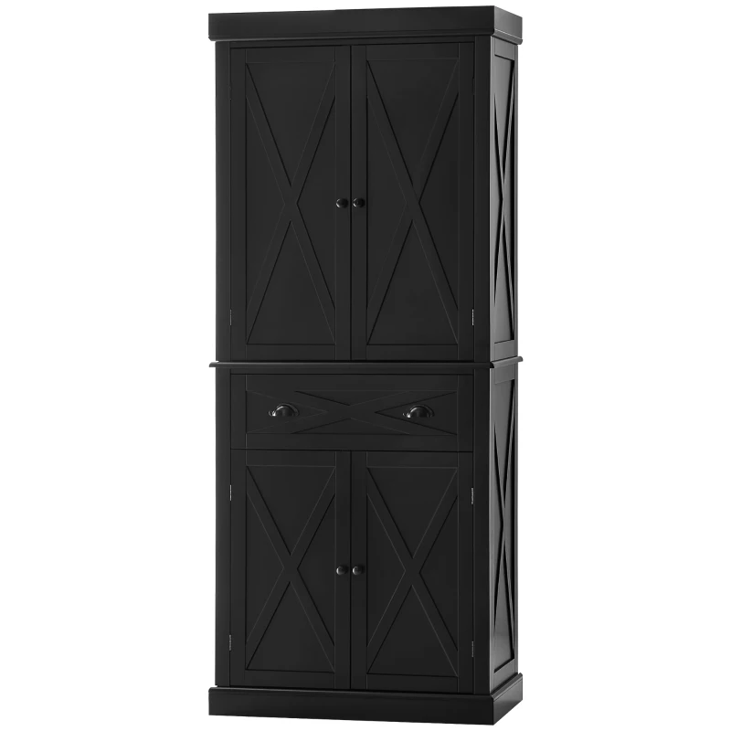 HOMCOM 72" Kitchen Pantry Storage Cabinet, Traditional Freestanding Cupboard with 4 Doors and 2 Adjustable Shelves, Large Central Drawer, X-Frame, Black