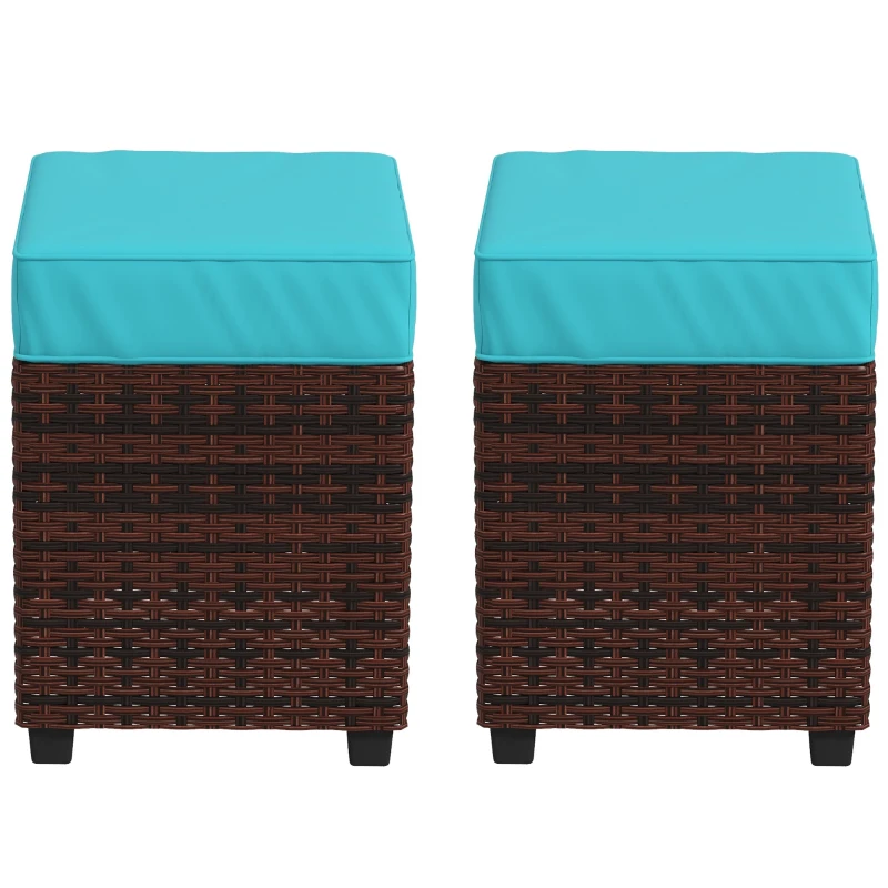 Outsunny 2 PCS Patio Wicker Ottoman Set, Square Outdoor PE Rattan Footrest with Removable Cushion for Backyard, Sky Blue